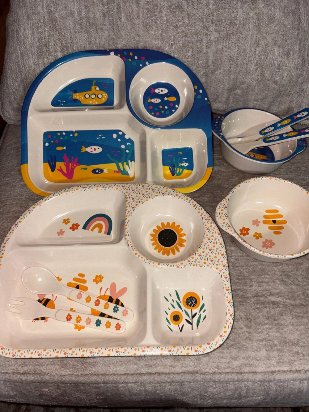 2 sets Kids Divided Plate & Bowl Set with fork and spoon. Yellow & Blue design